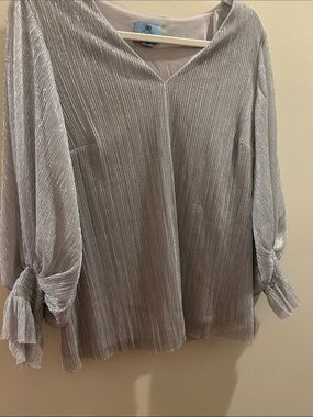 CeCe Silver Pleated V-Neck Blouse with Tie Sleeves